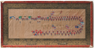 A pair of Chinese framed paintings on silk with an imperial procession, 19/20th C.