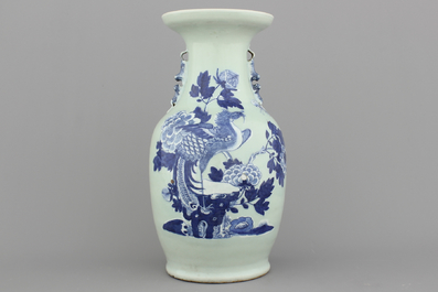 Three large Chinese porcelain celadon ground vases: one with scholar's objects, one with an immortal and one with a peacock, 19/20th C.