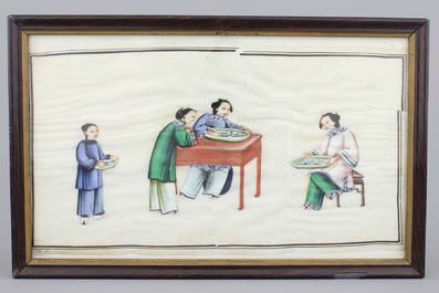 Lot van 8 Chinese beschilderingen op rijstpapier over de zijdeproductie, ca 1800