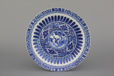 Two Chinese porcelain blue and white plates and three bowls, Kangxi and late Qing dynasty