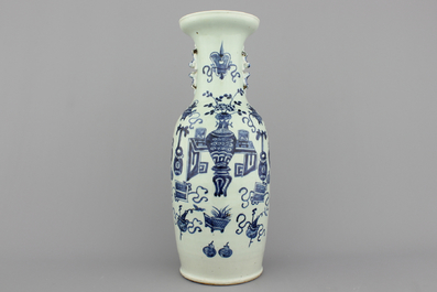 Three large Chinese porcelain celadon ground vases: one with scholar's objects, one with an immortal and one with a peacock, 19/20th C.