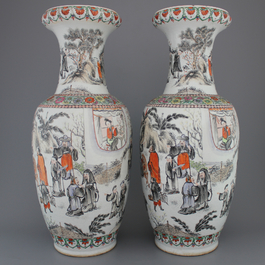 A pair of Chinese porelain famille rose vases with scholars, 19th C.