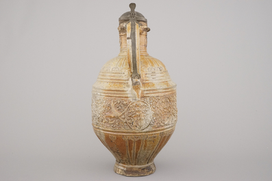An important Raeren stoneware armorial pewter-mounted jug, ca. 1600