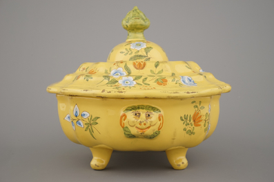 A large South-French faience yellow ground tureen and cover with floral decoration, late 18th C.