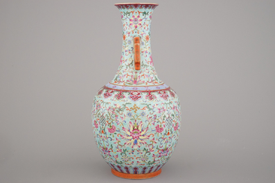 A Chinese porcelain turquoise ground famille rose &quot;Happiness&quot; vase, 20th C.