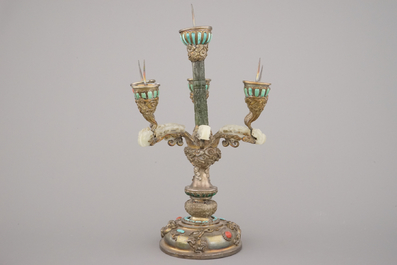 An impressive Chinese silver and jade candlestick, with turquoise and coral insets, 19th C.