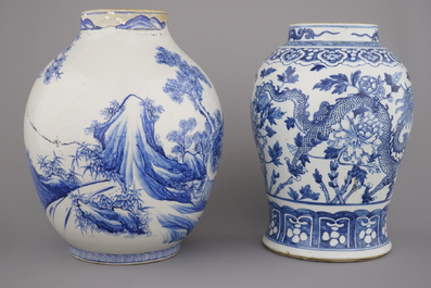A blue and white Chinese porcelain dragon vase and a Japanese vase with a tiger, 19th C.