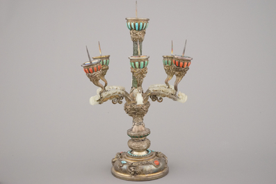 An impressive Chinese silver and jade candlestick, with turquoise and coral insets, 19th C.