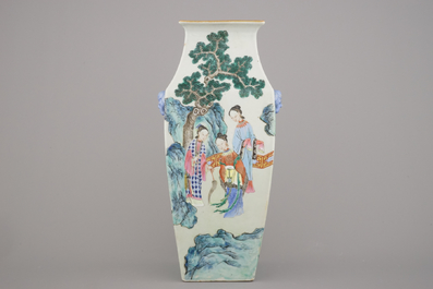A fine Chinese porcelain famille rose tapered square vase, 19th C.