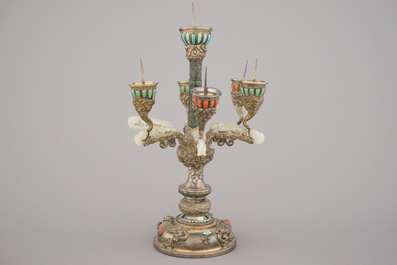 An impressive Chinese silver and jade candlestick, with turquoise and coral insets, 19th C.