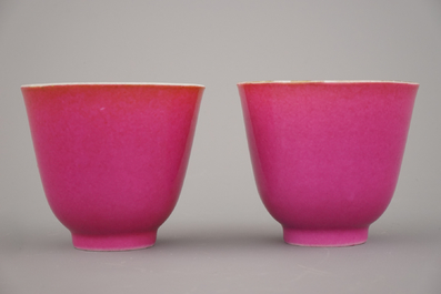 A pair of Chinese porcelain ruby ground wine cups, 19th C.