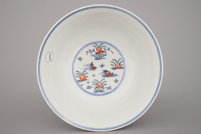 A Chinese porcelain wucai bowl, Qianlong mark and possibly of the period