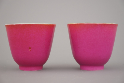 A pair of Chinese porcelain ruby ground wine cups, 19th C.