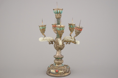 An impressive Chinese silver and jade candlestick, with turquoise and coral insets, 19th C.