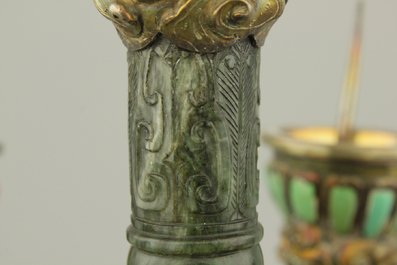 An impressive Chinese silver and jade candlestick, with turquoise and coral insets, 19th C.