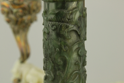 An impressive Chinese silver and jade candlestick, with turquoise and coral insets, 19th C.