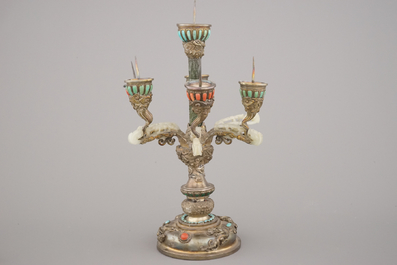 An impressive Chinese silver and jade candlestick, with turquoise and coral insets, 19th C.