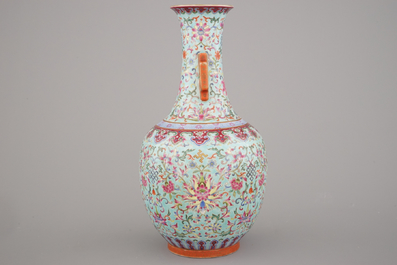 A Chinese porcelain turquoise ground famille rose &quot;Happiness&quot; vase, 20th C.