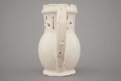 A white Delft puzzle jug, late 17th C.