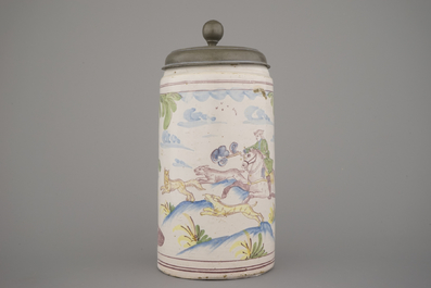 A German pewter-mounted polychrome faience beer stein, 18th C.