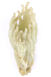 A jade buddha hand on a carved wood stand, Qing dynasty, 18th C.