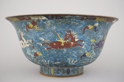 A Chinese cloisonne &quot;Horses of Mu Wang&quot; bowl, Ming dynasty