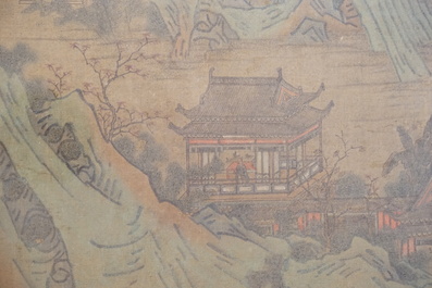 A large Chinese framed landscape painting with a village in a rocky landscape, 18/19th C.