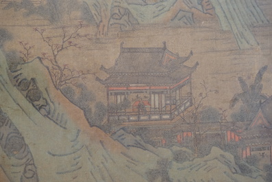 A large Chinese framed landscape painting with a village in a rocky landscape, 18/19th C.