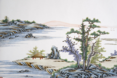 A pair of Chinese porcelain plaques with fine landscape painting, 19th C.