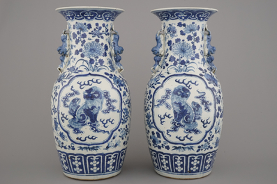 A pair of blue and white Chinese porcelain vases with landscapes, 19th C.