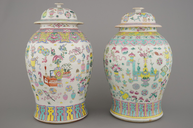 Two Chinese porcelain famille rose jars and covers with scholar's objects, 19th C.
