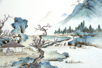 Paire de plaquettes en porcelaine de Chine avec peinture fine d'un paysage, 19e