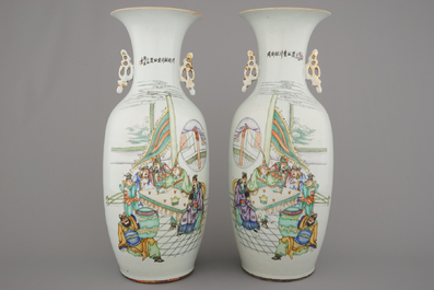 A pair of Chinese porcelain vases with palace interior scenes, 19/20th C.