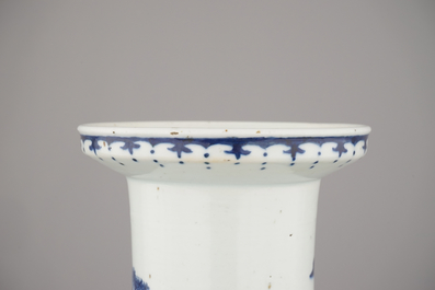 A Chinese porcelain blue and white rouleau vase with landscape painting, 19th C.
