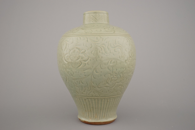 A Chinese porcelain incised celadon vase, possibly Ming Longquan
