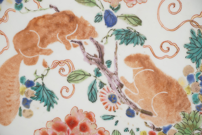 A pair of Chinese porcelain famille rose squirrel dishes, 18th C.