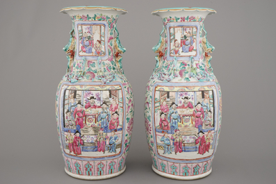 A pair of Chinese porcelain famille rose vases with palace scenes, 19th C.