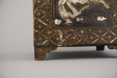 An Indo-Portuguese or Japanese mother of pearl and lacquer coffer, 19th C.