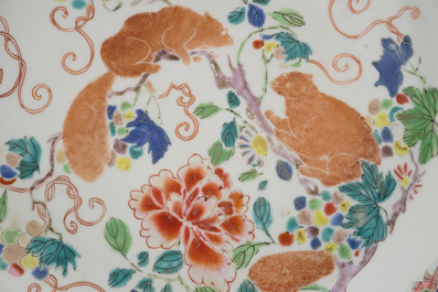 Paire de plats en porcelaine de Chine, &agrave; d&eacute;cor d'&eacute;cureuils, famille rose, 18e