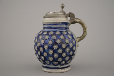 A Westerwald pewter-mounted jug and 2 stoneware vessels, 16/18th C.