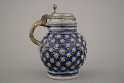 A Westerwald pewter-mounted jug and 2 stoneware vessels, 16/18th C.