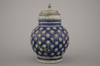 A Westerwald pewter-mounted jug and 2 stoneware vessels, 16/18th C.