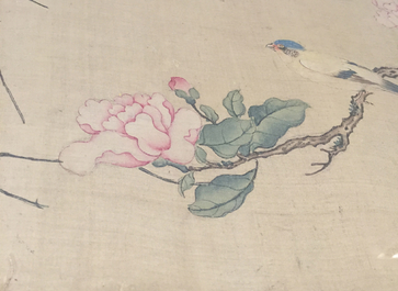 A large Chinese framed scroll painting with birds and flowers, 18th C.