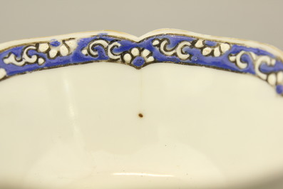 A collection of mostly blue and white Chinese porcelain plates, cups and saucers, 18/19th C.