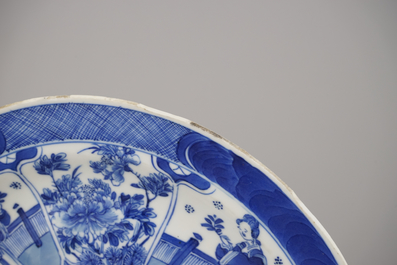 Two Chinese porcelain blue and white plates and three bowls, Kangxi and late Qing dynasty