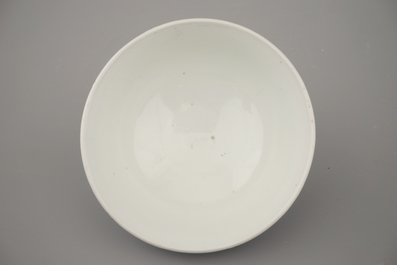 Two Chinese porcelain blue and white plates and three bowls, Kangxi and late Qing dynasty