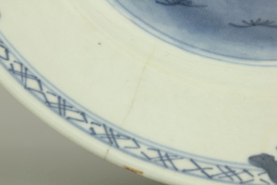 A collection of mostly blue and white Chinese porcelain plates, cups and saucers, 18/19th C.