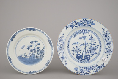 A collection of mostly blue and white Chinese porcelain plates, cups and saucers, 18/19th C.