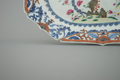 Grote octagonale schotel in Chinees porselein met arend, famille rose, Qianlong, 18e eeuw