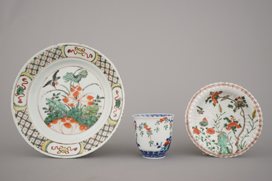 Two Chinese porcelain famille verte plates and a wine cup, Kangxi, 18th C.